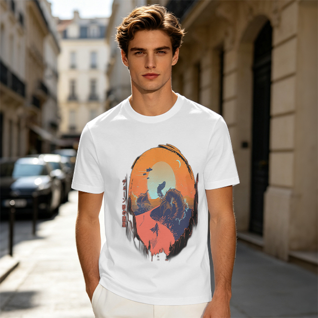 Olive T-Shirt with Sunset Mountain Wolf Silhouette Art Print