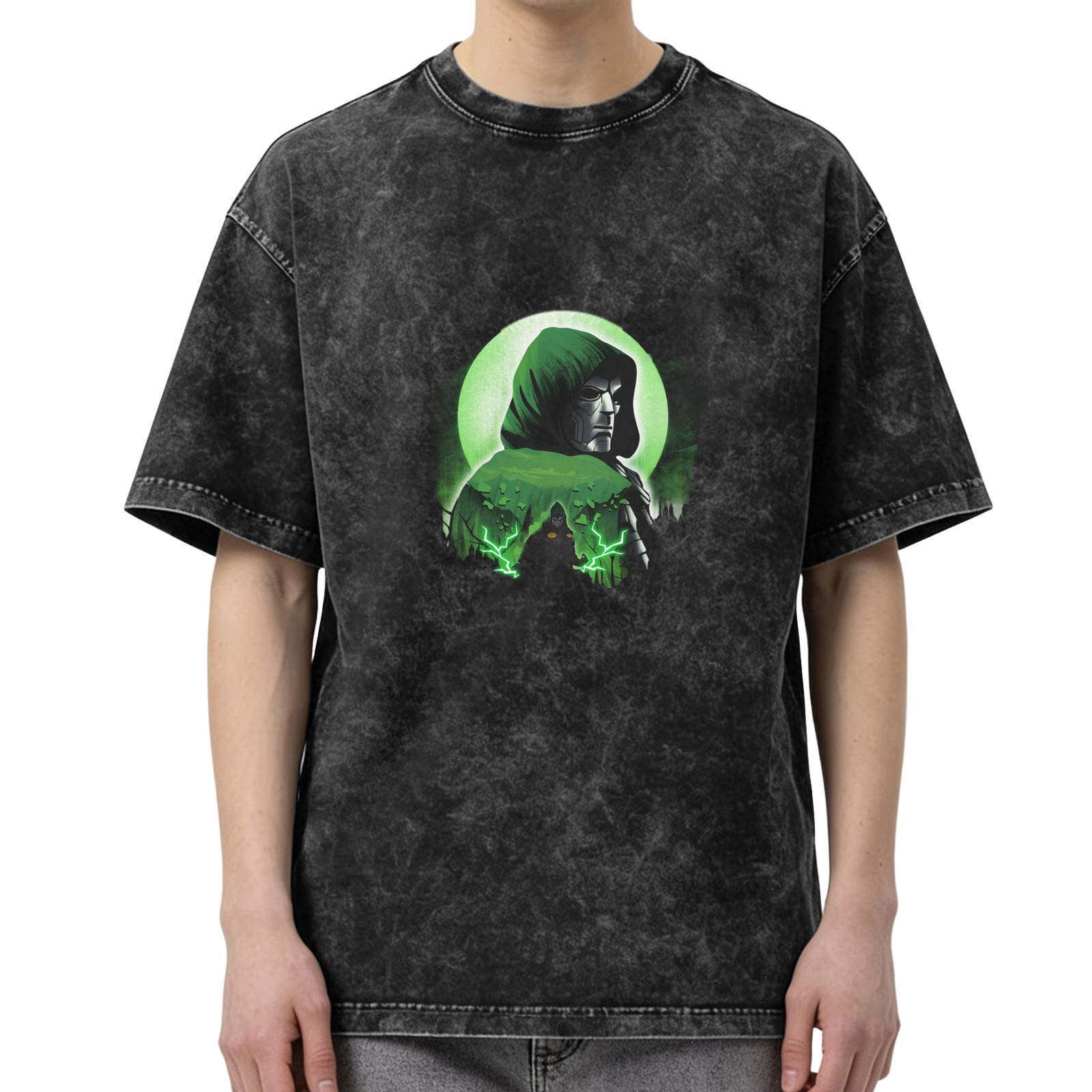 Oversized Acid Wash T-Shirt With Hooded Green Spectre Graphic