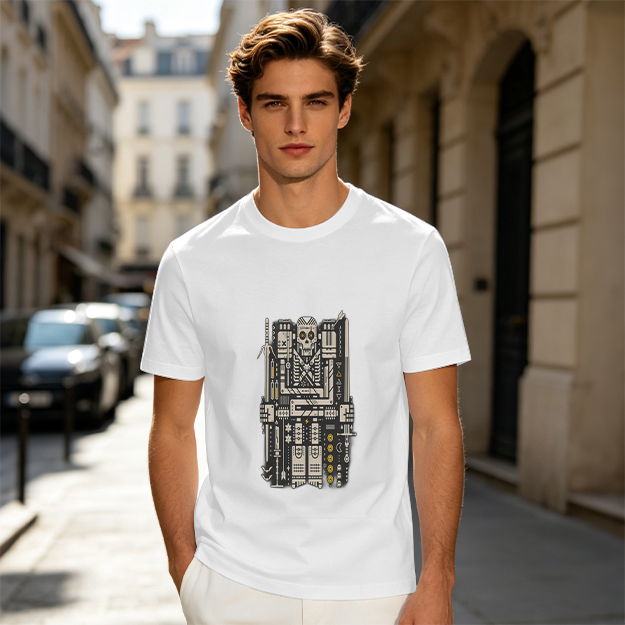Olive T-Shirt With Mechanical Skull Weapon Art Print