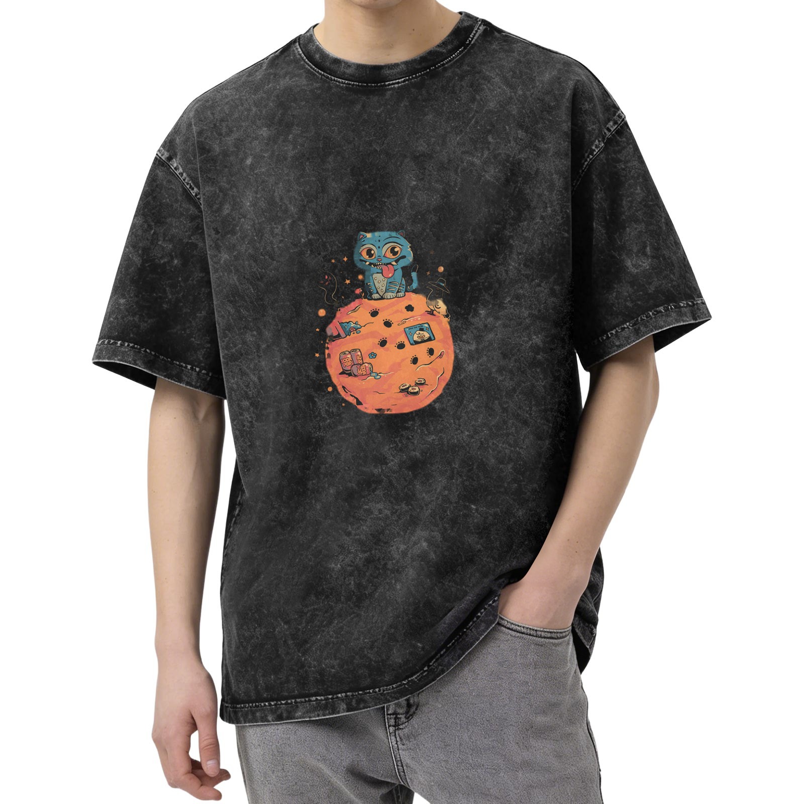 oversized black acid wash t-shirt with blue cat on orange planet graphic