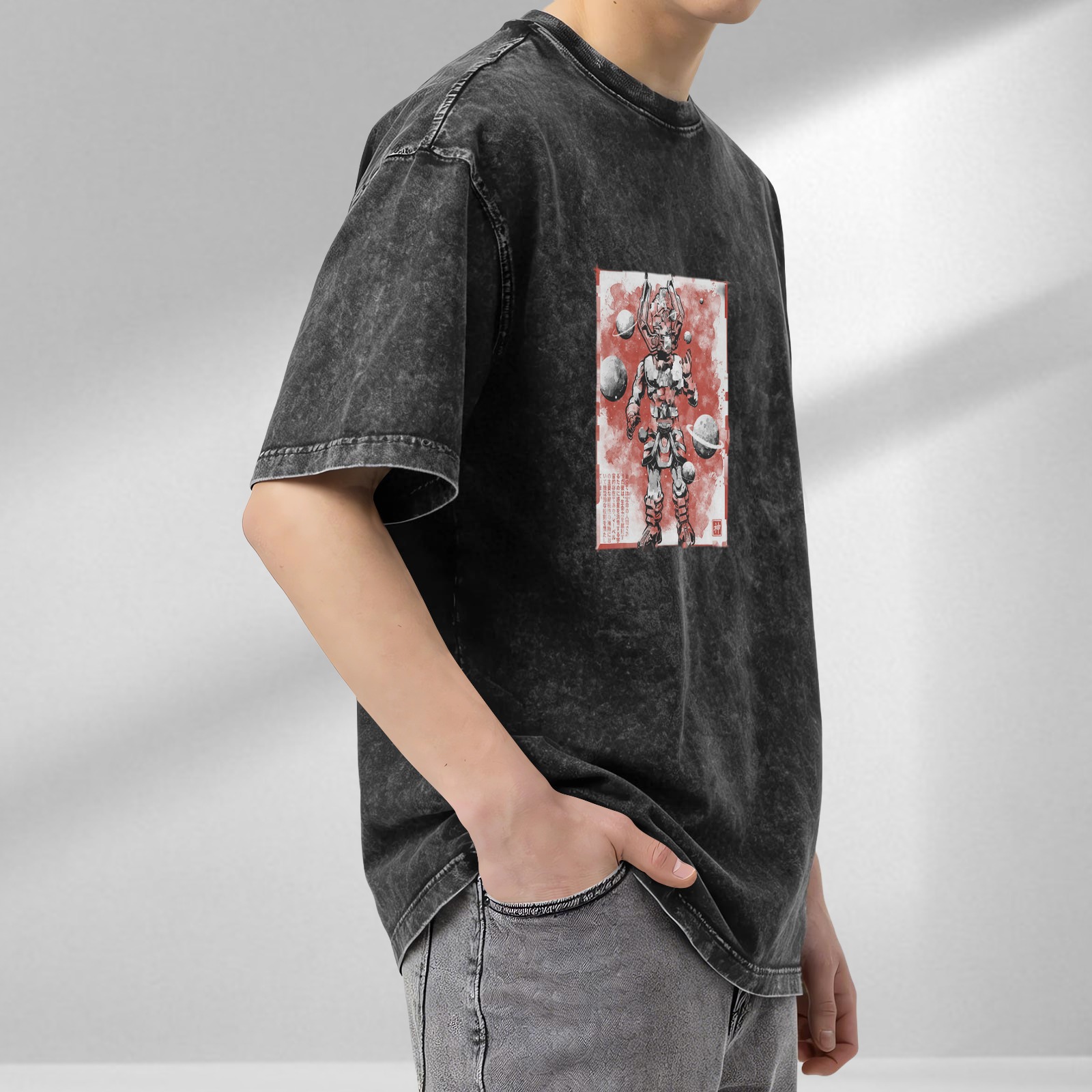 Oversized Acid Wash T-Shirt With Samurai Robot Space Art Print