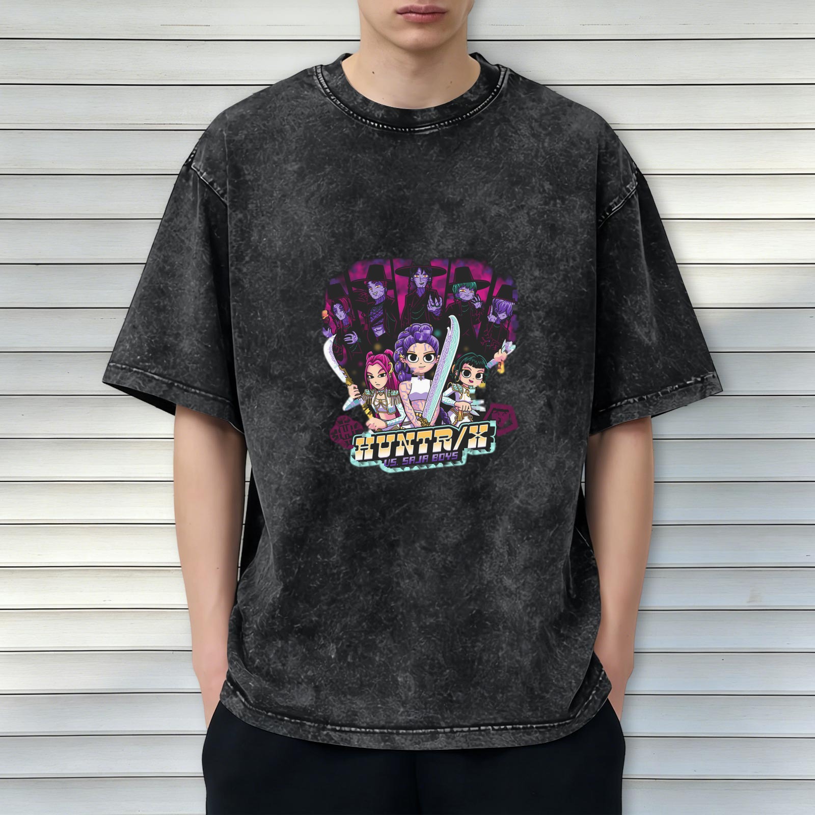 Distressed Black Cartoon Anime Print Short Sleeve T-Shirt