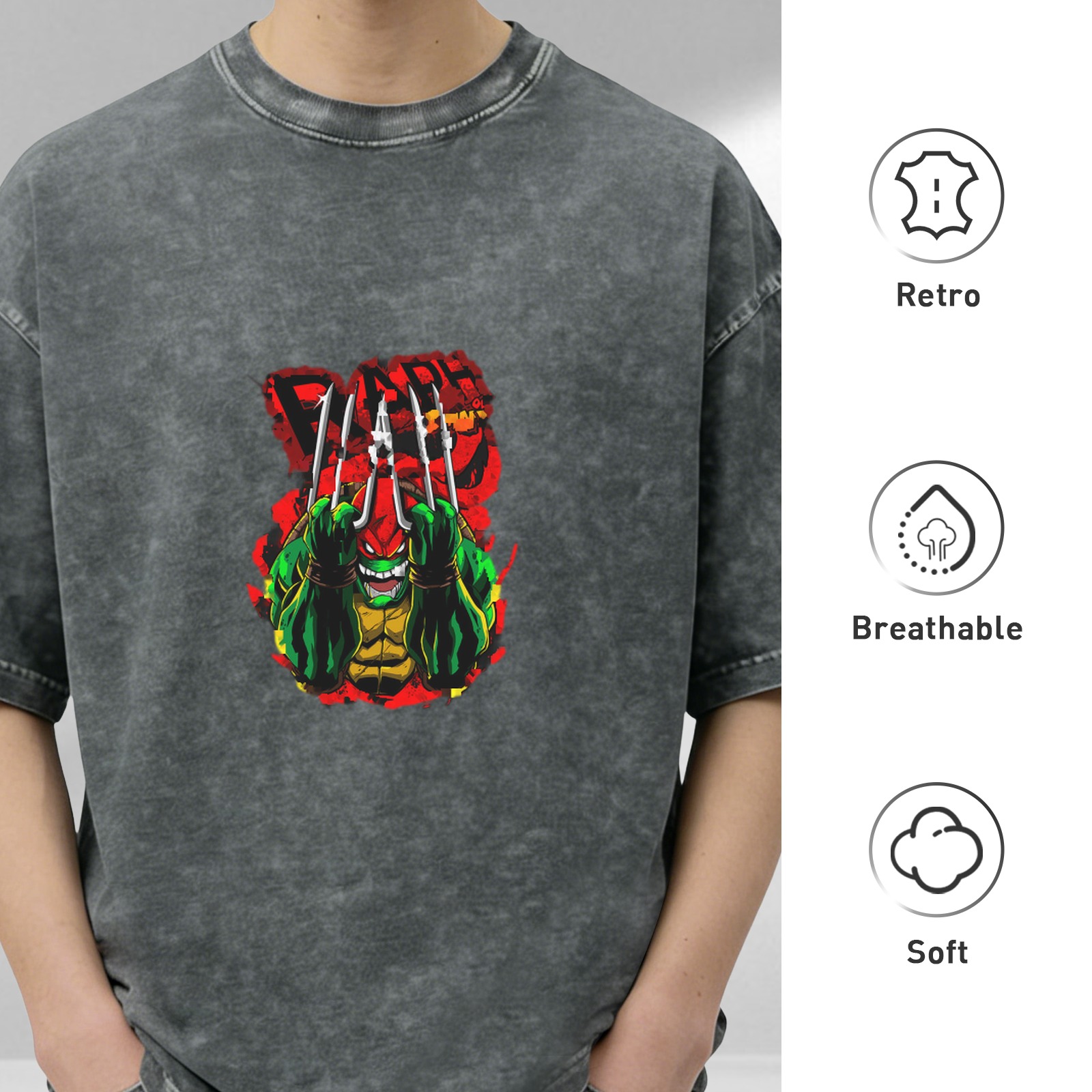 Washed Black T-Shirt With Angry Raphael Ninja Turtle Graphic
