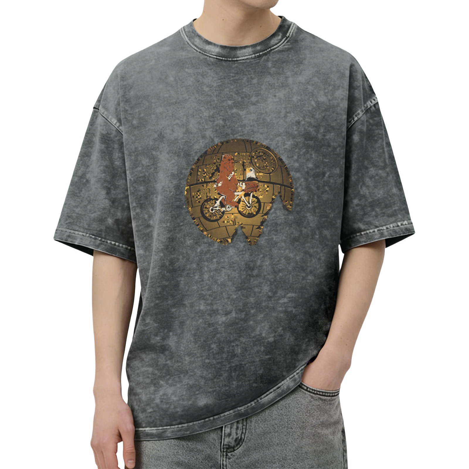Washed black graphic t-shirt with alien on bike over gold globe design
