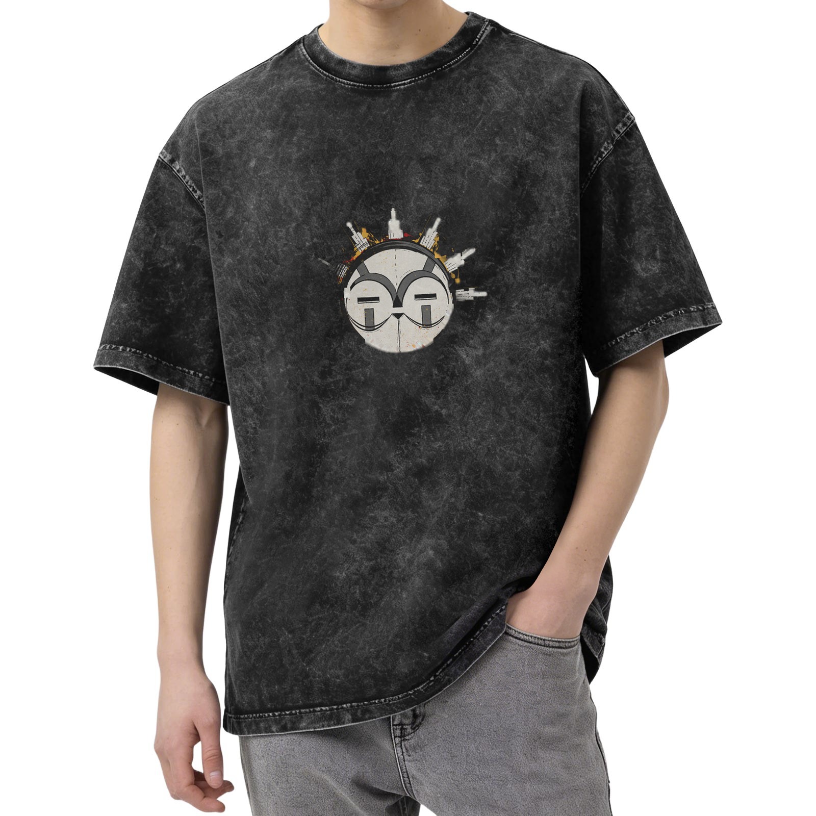 Oversized Black Acid Wash T-Shirt With Graphic Face Print