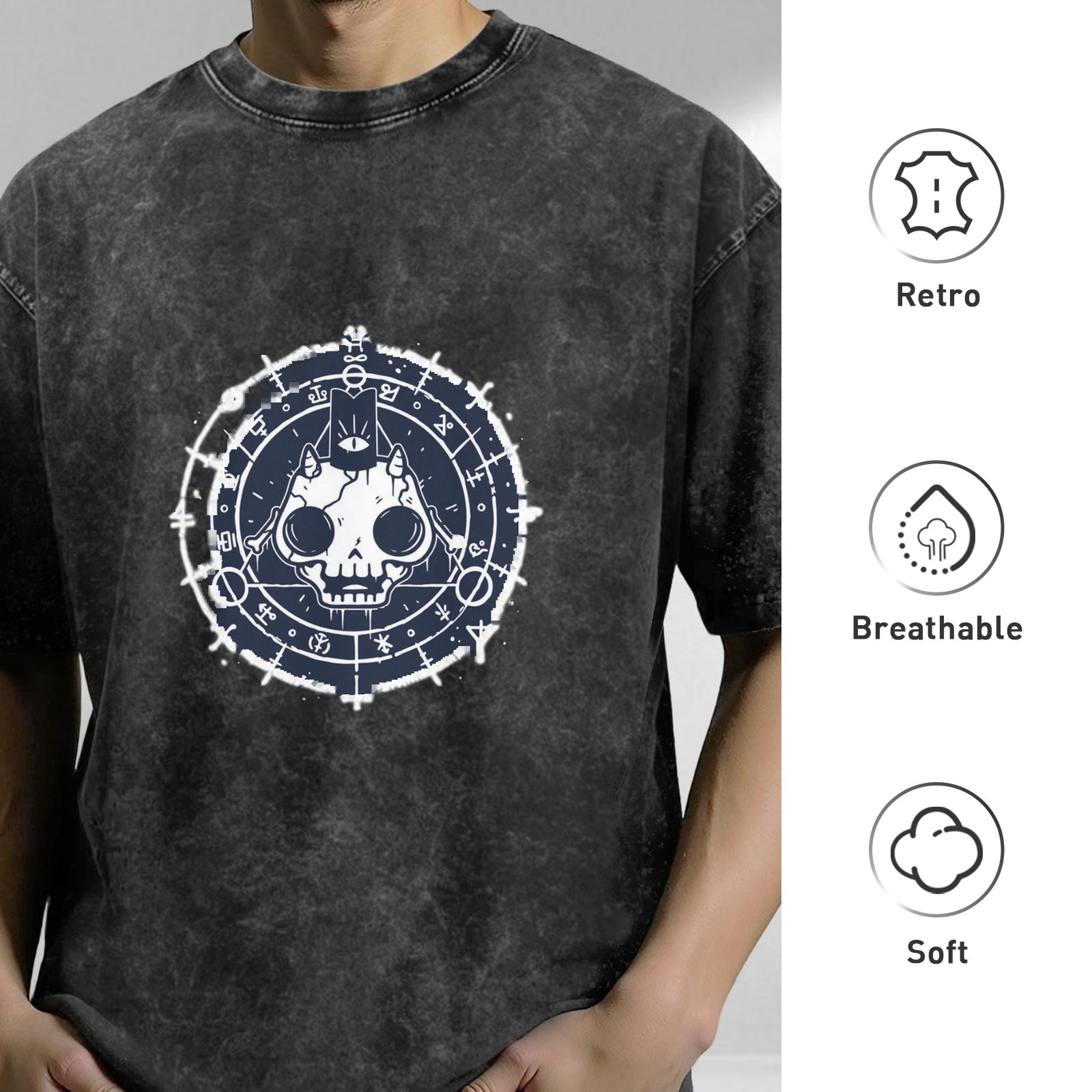 Washed Black Oversized T-Shirt With Occult Cat Skull Graphic