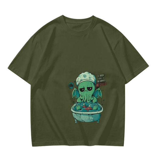 Olive T-shirt with Cute Sad Cthulhu Bathing Graphic