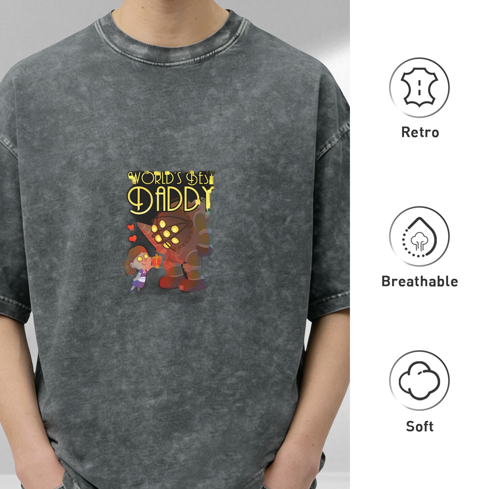 Bioshock Big Daddy & Little Sister 'World's Best Daddy' Acid Wash T-Shirt
