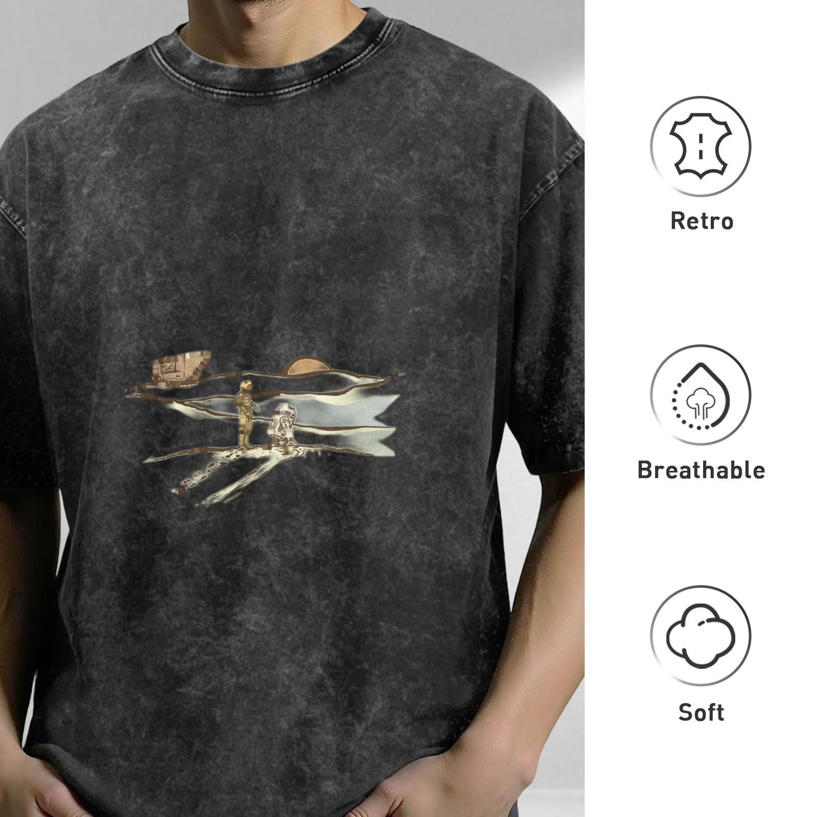 Oversized Acid-Wash Black Graphic T-Shirt with Astronaut & Landscape Print