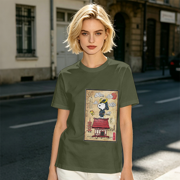 Olive T-Shirt with Samurai Snoopy Japanese Art Print