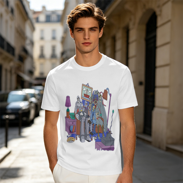 Olive T-Shirt With Quirky Room Scene Graphic Print