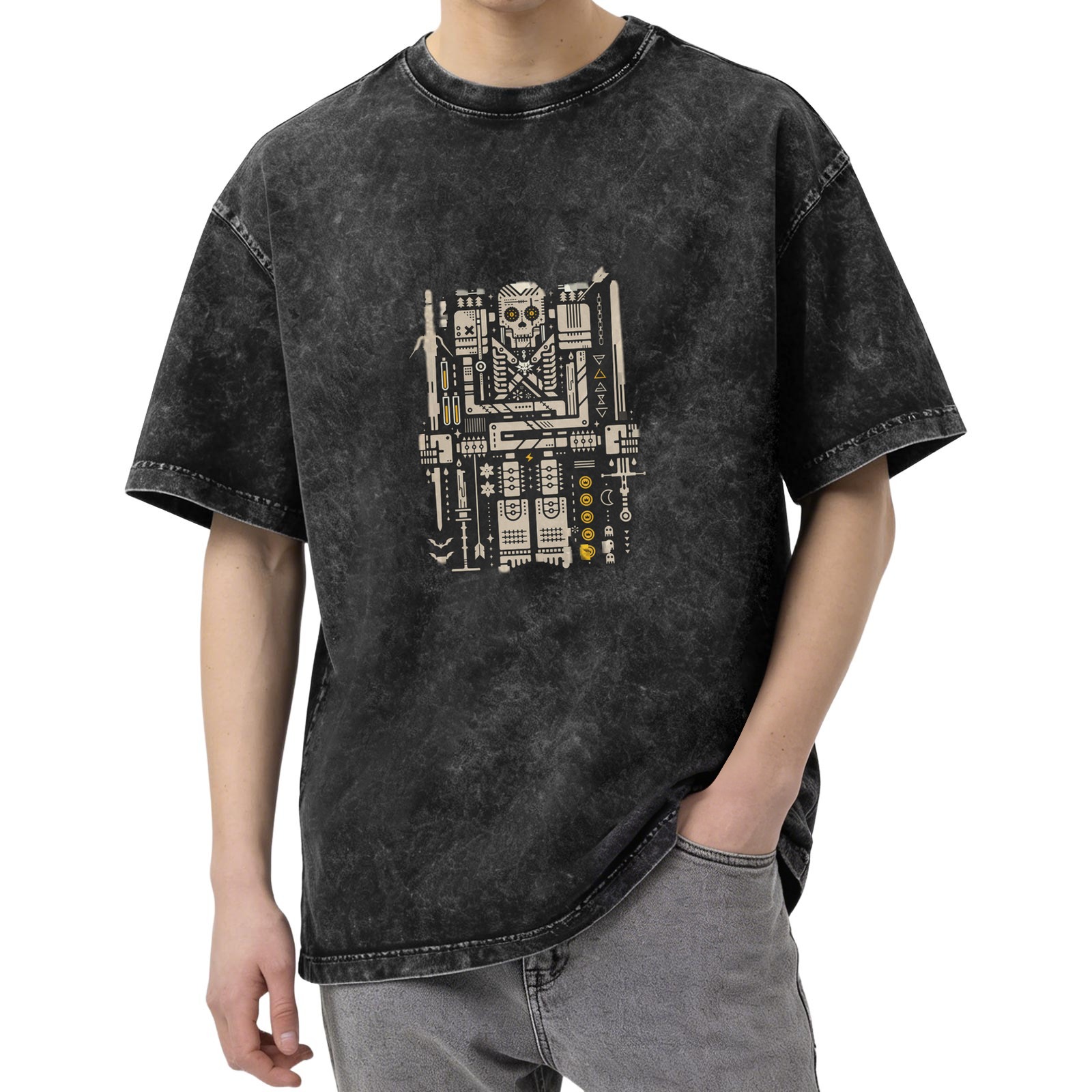 Washed Black T-Shirt With Mechanical Skull Warrior Graphic