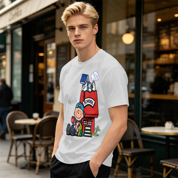 Olive T-shirt with Charlie Brown and Snoopy School Print