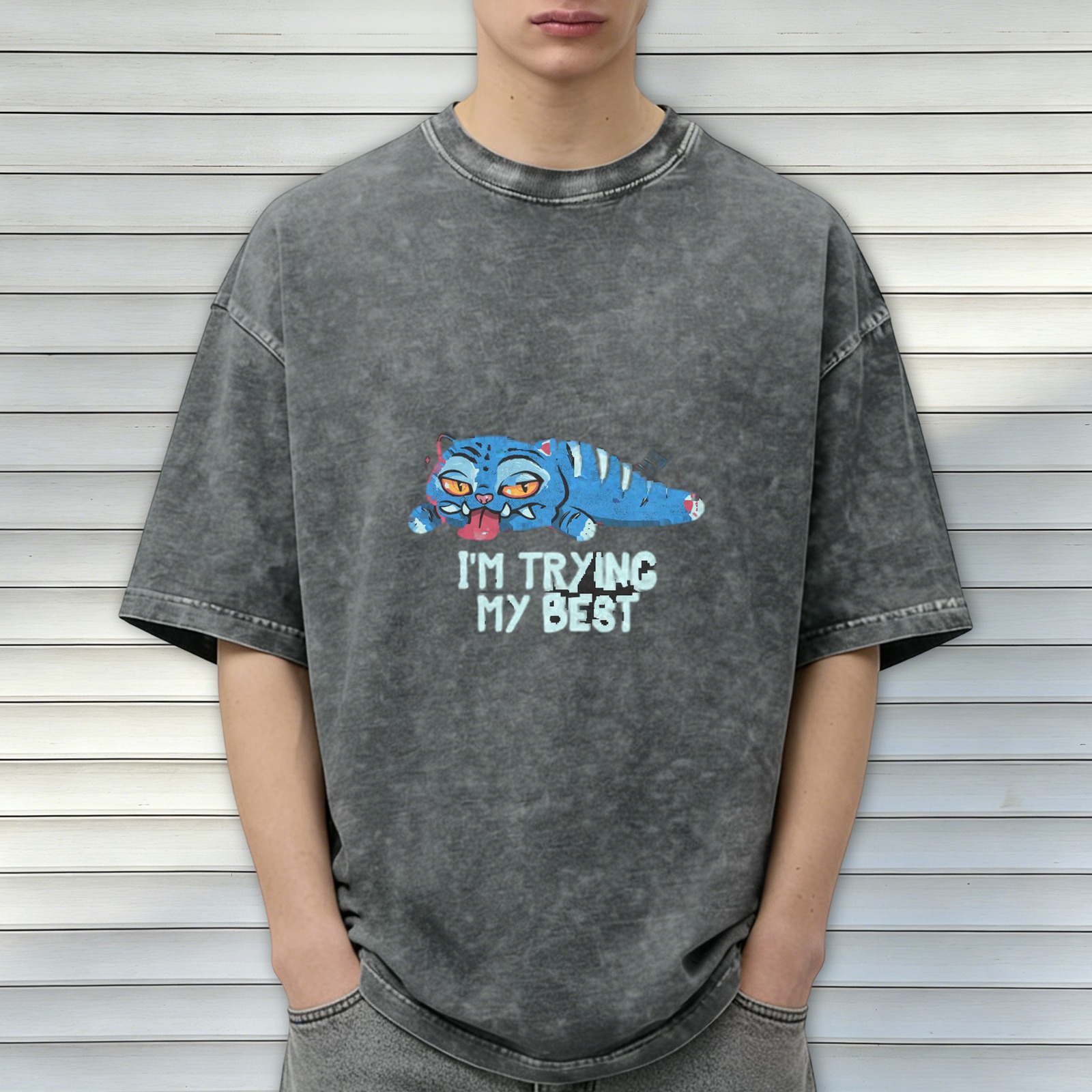 Oversized Acid Wash T-Shirt With Lazy Blue Cat 'I'm Trying My Best' Print