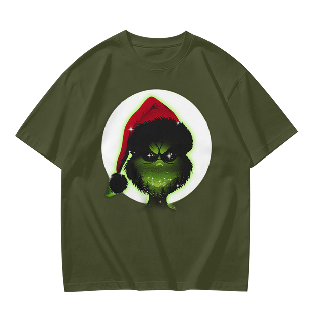 Olive Green T-Shirt With Grinch Wearing Santa Hat Graphic