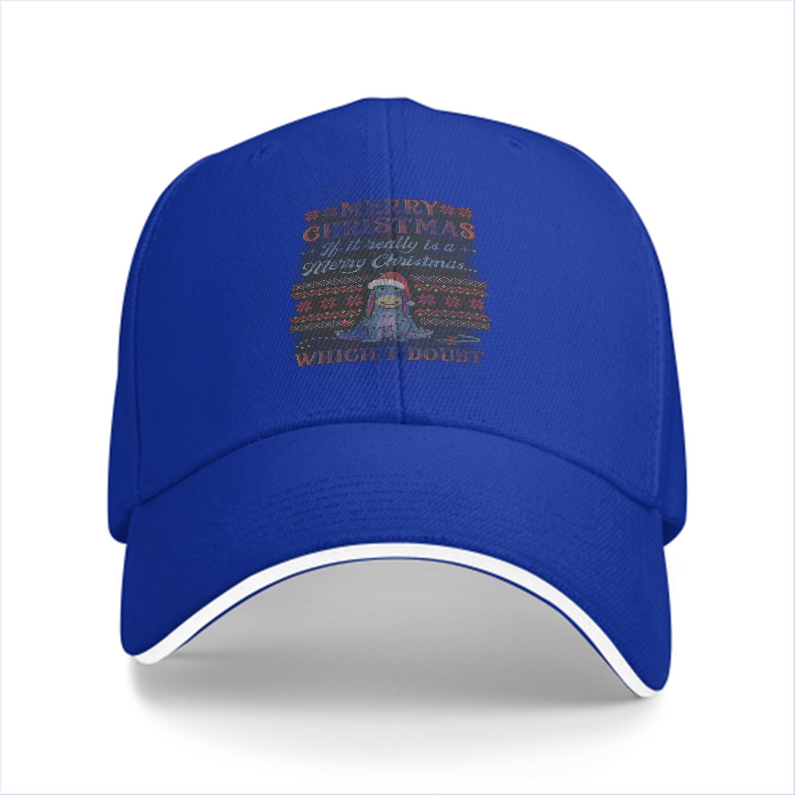 Black baseball cap with skeptical Eeyore Christmas print