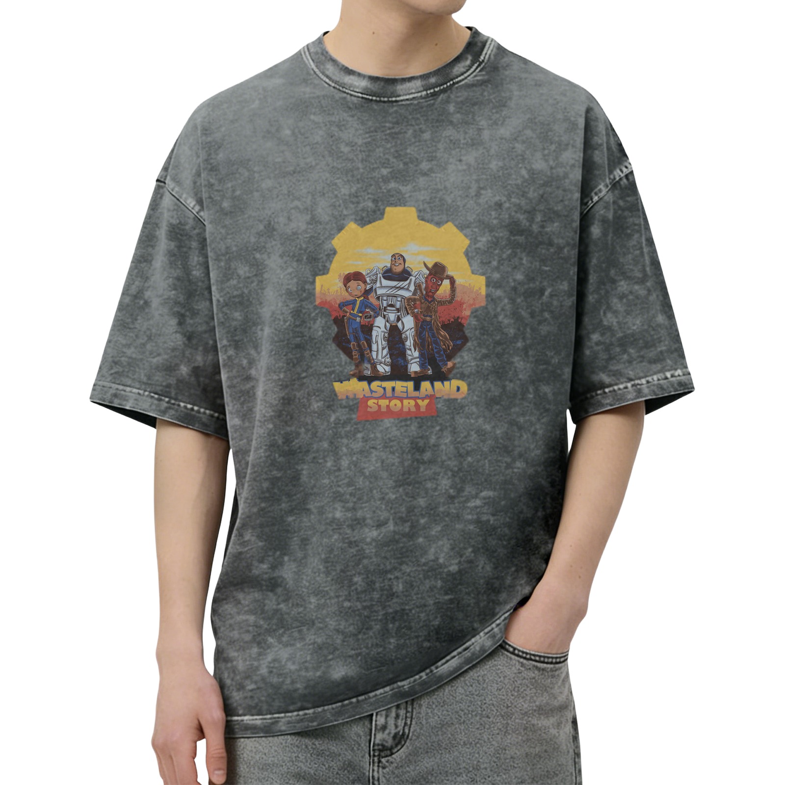 Wasteland Story theme distressed printed short-sleeved T-shirt, washed black loose style