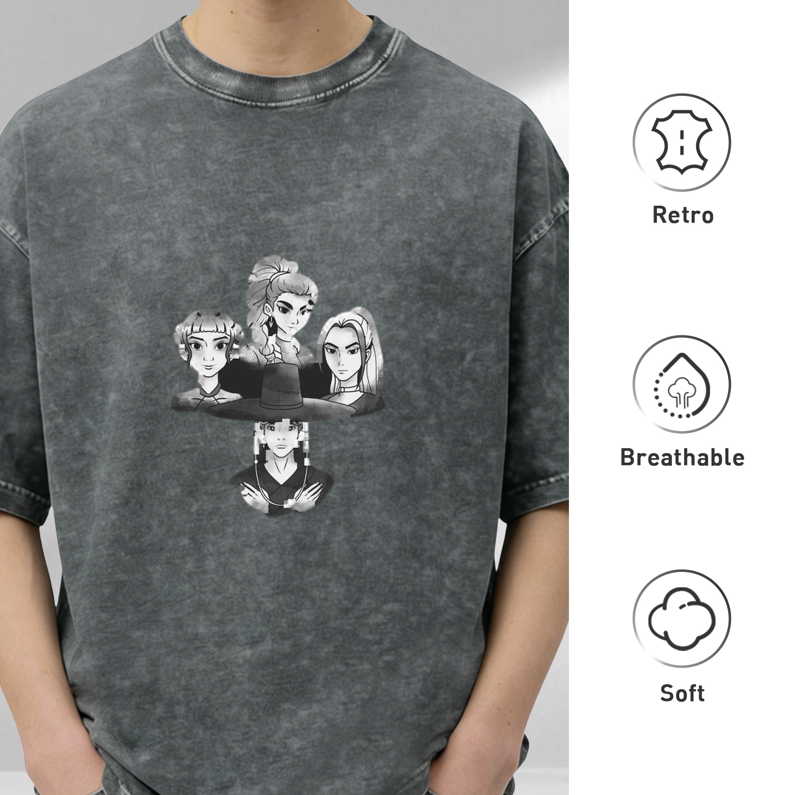 Washed black graphic t-shirt with anime character portraits