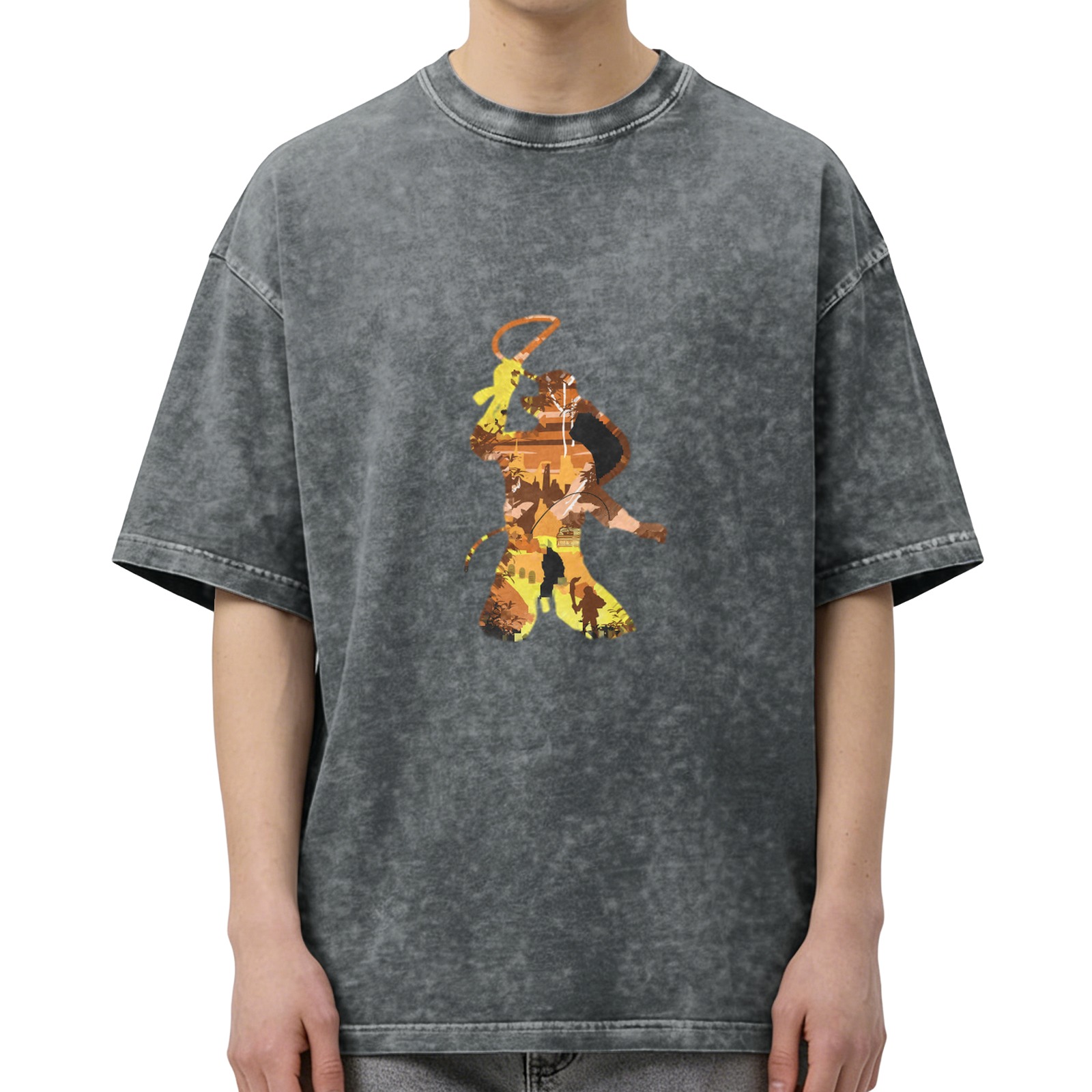 Washed Black Oversized T-Shirt With Monkey King Silhouette Graphic