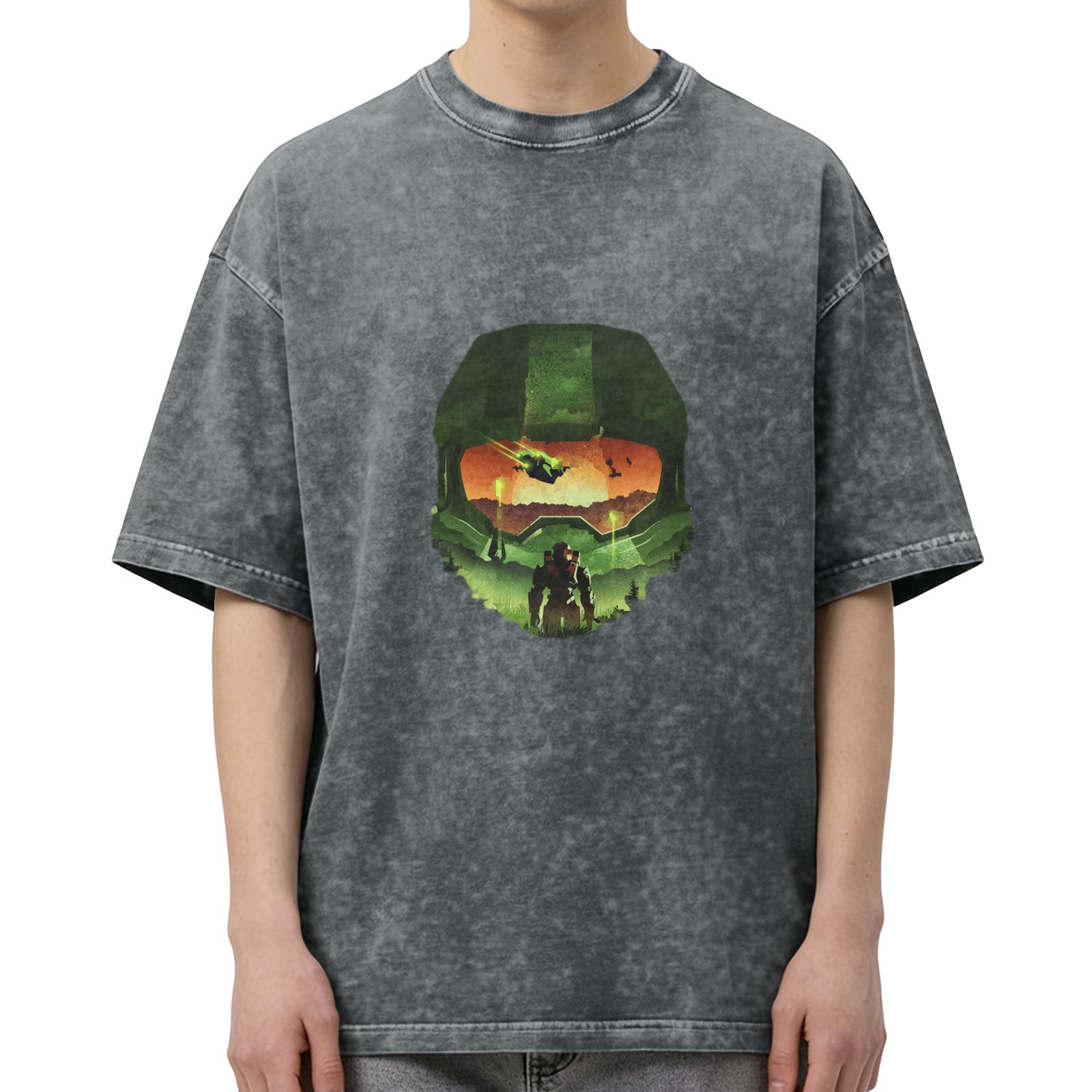 Halo Master Chief Helmet Silhouette Graphic Acid Wash T-Shirt