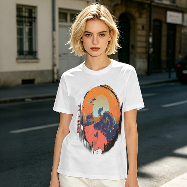 Olive T-Shirt with Sunset Mountain Wolf Silhouette Art Print