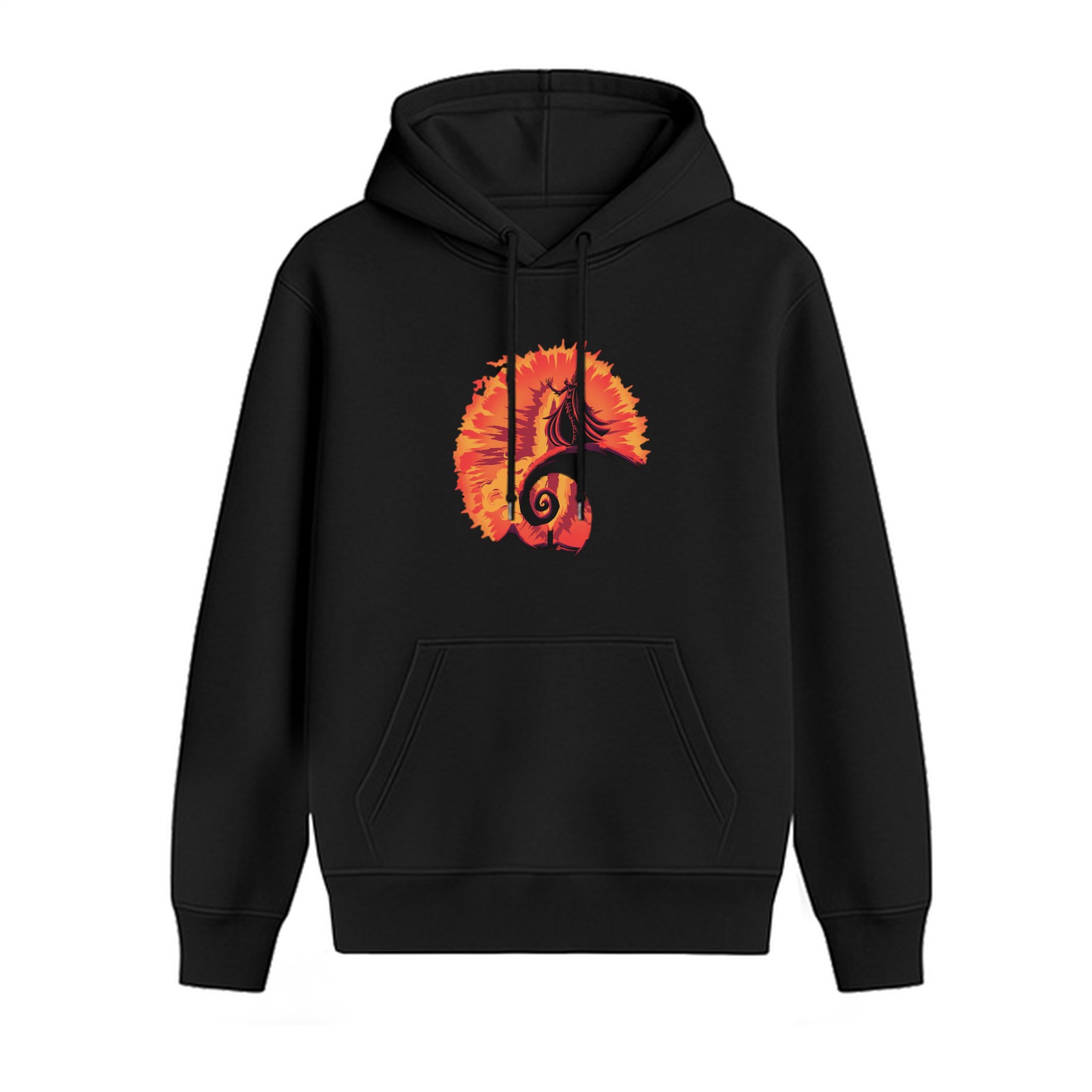 Black hoodie with fiery spiral and wizard silhouette graphic