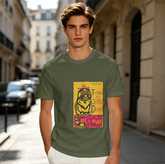 Olive T-shirt with a whimsical cat graphic print
