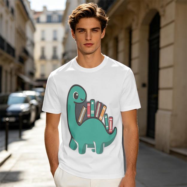Olive T-shirt with cute dinosaur carrying books graphic