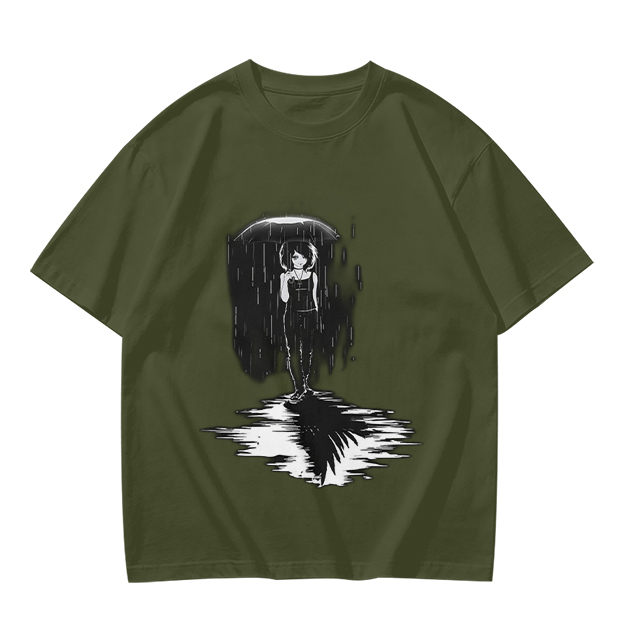 Olive T-Shirt With Rainy Figure And Shadow Graphic Print