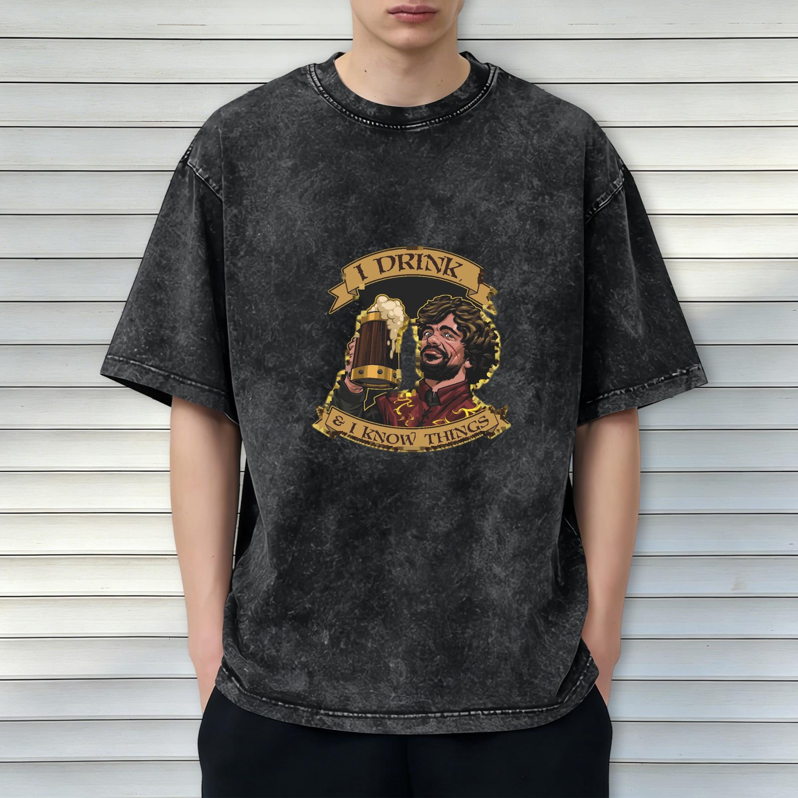 Game of Thrones Tyrion 'I Drink & I Know Things' Graphic Stone Wash Oversized T-Shirt