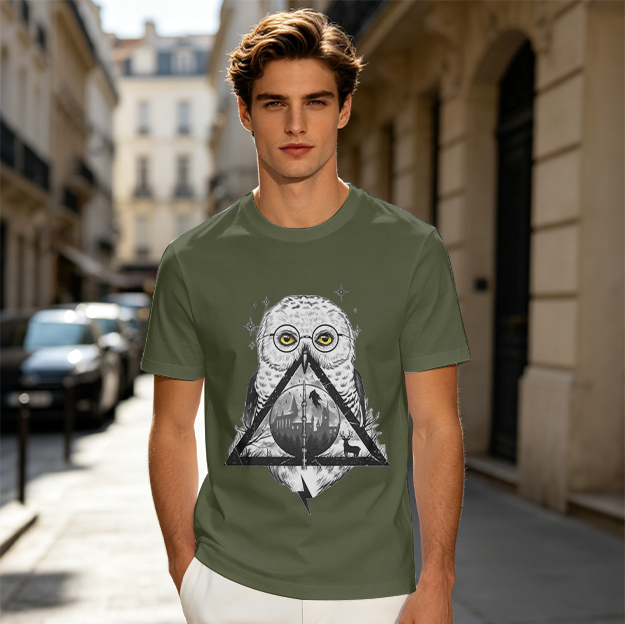 Owl with Harry Potter glasses and Deathly Hallows symbol graphic t-shirt
