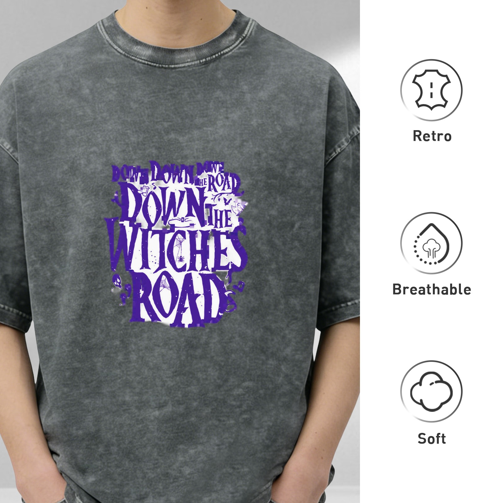 Washed Black Graphic T-Shirt with Down The Witches Road Text