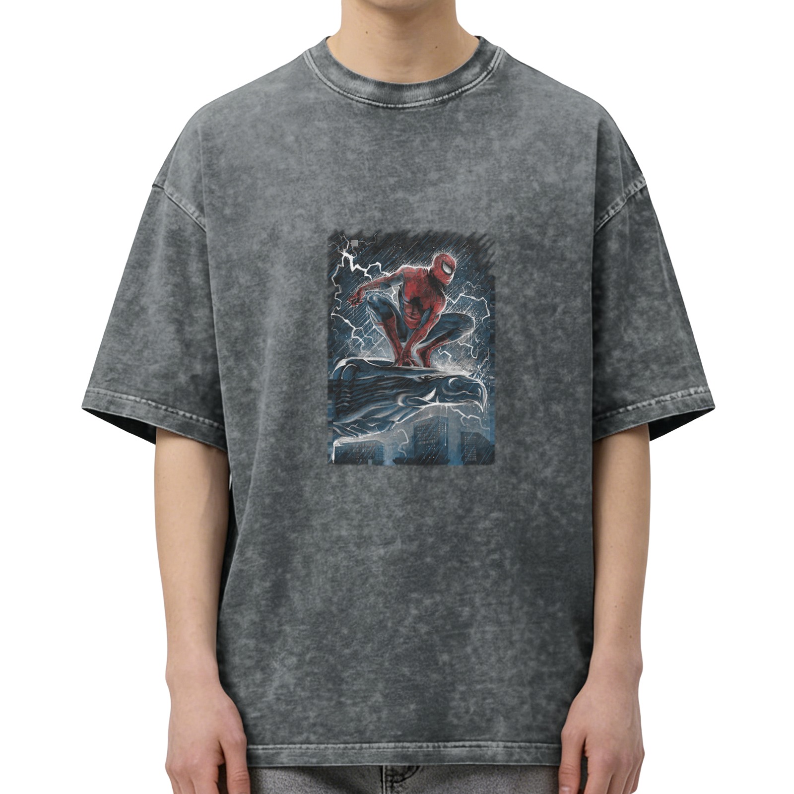 Washed Black Oversized T-Shirt with Spider-Man Storm Graphic