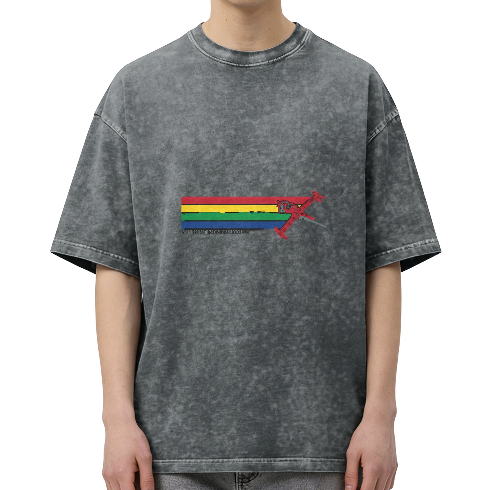 Washed Black Oversized T-Shirt With Rainbow Stripe And Red Spaceship Print