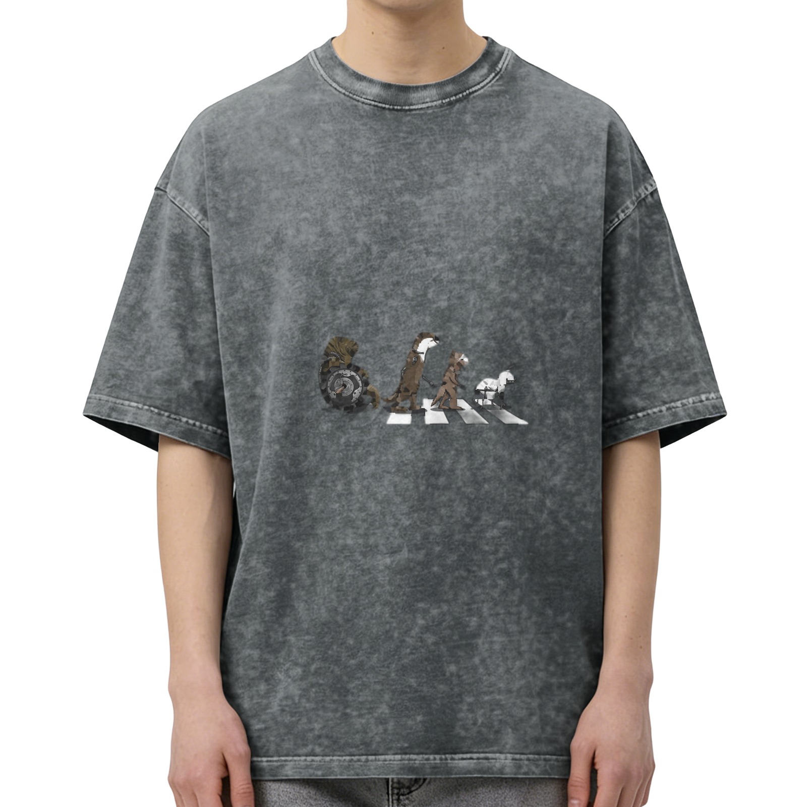 Oversized Acid Wash T-Shirt With Animal Abbey Road Style Graphic