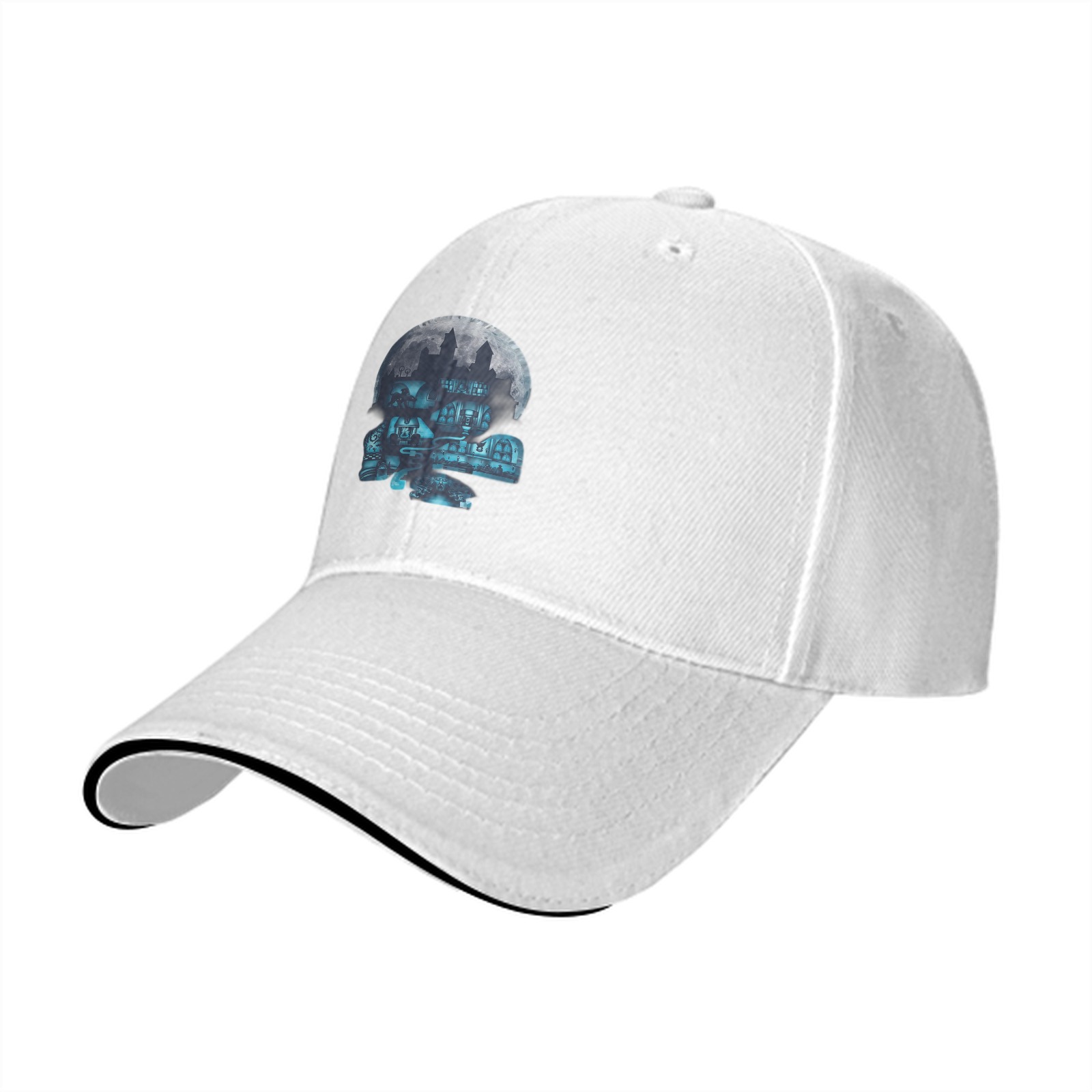 Black Baseball Cap With Haunted Mansion Skull Moon Graphic