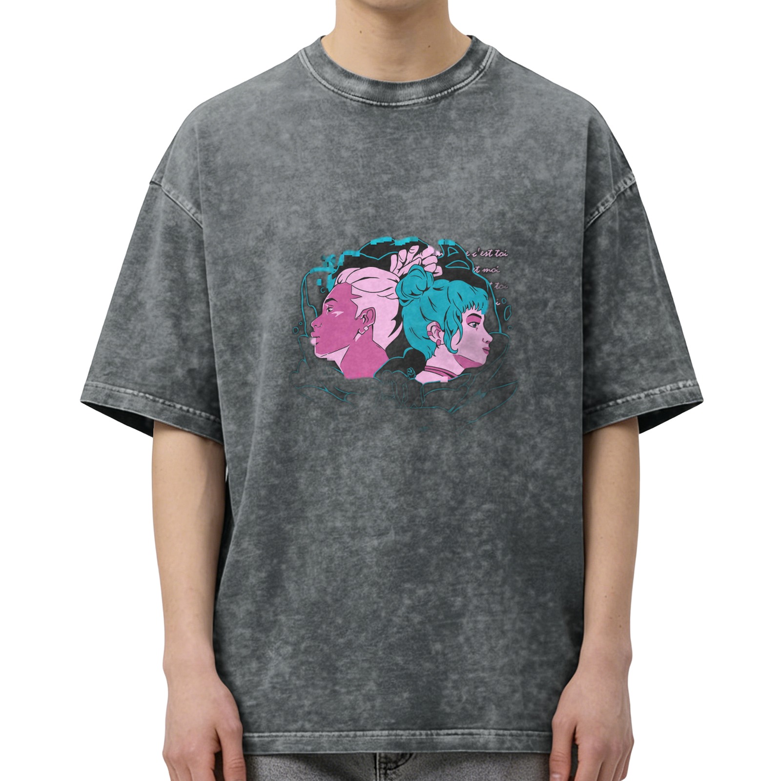 Oversized Acid Wash T-Shirt With Retro Anime Style Graphic Print