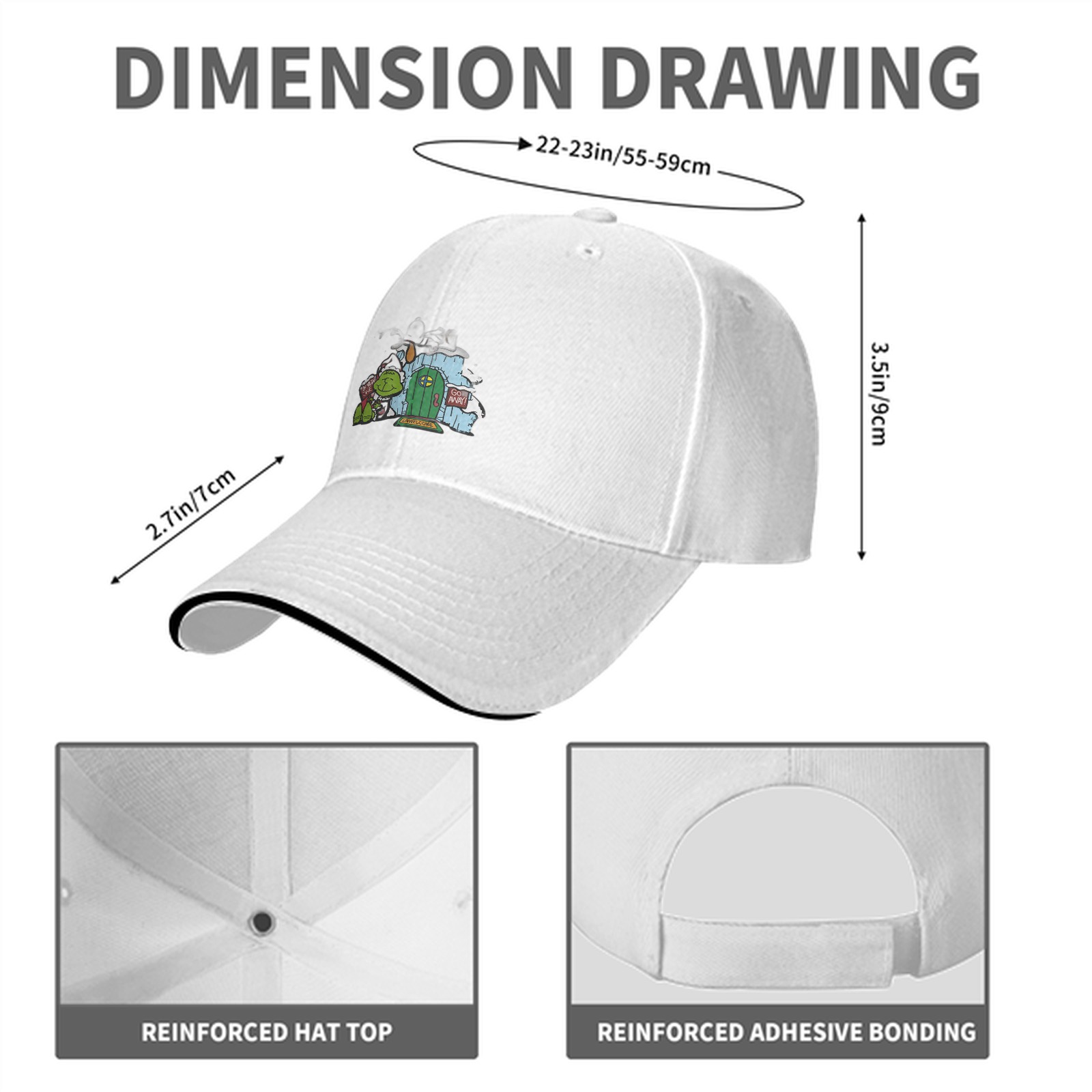 Black baseball cap with Grinch-themed holiday door print