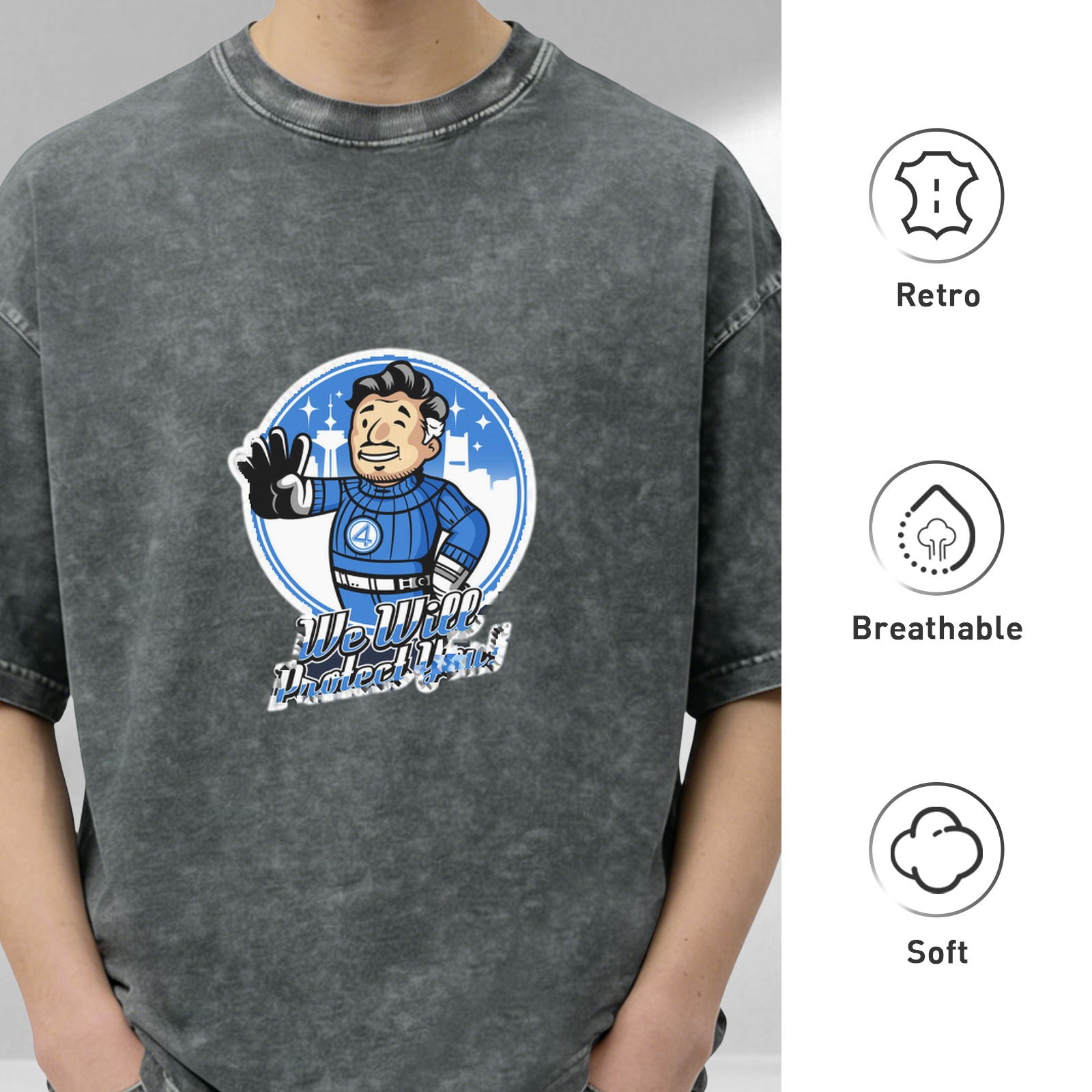 Washed Black T-Shirt with Retro Cartoon Character We Will Protect You Print