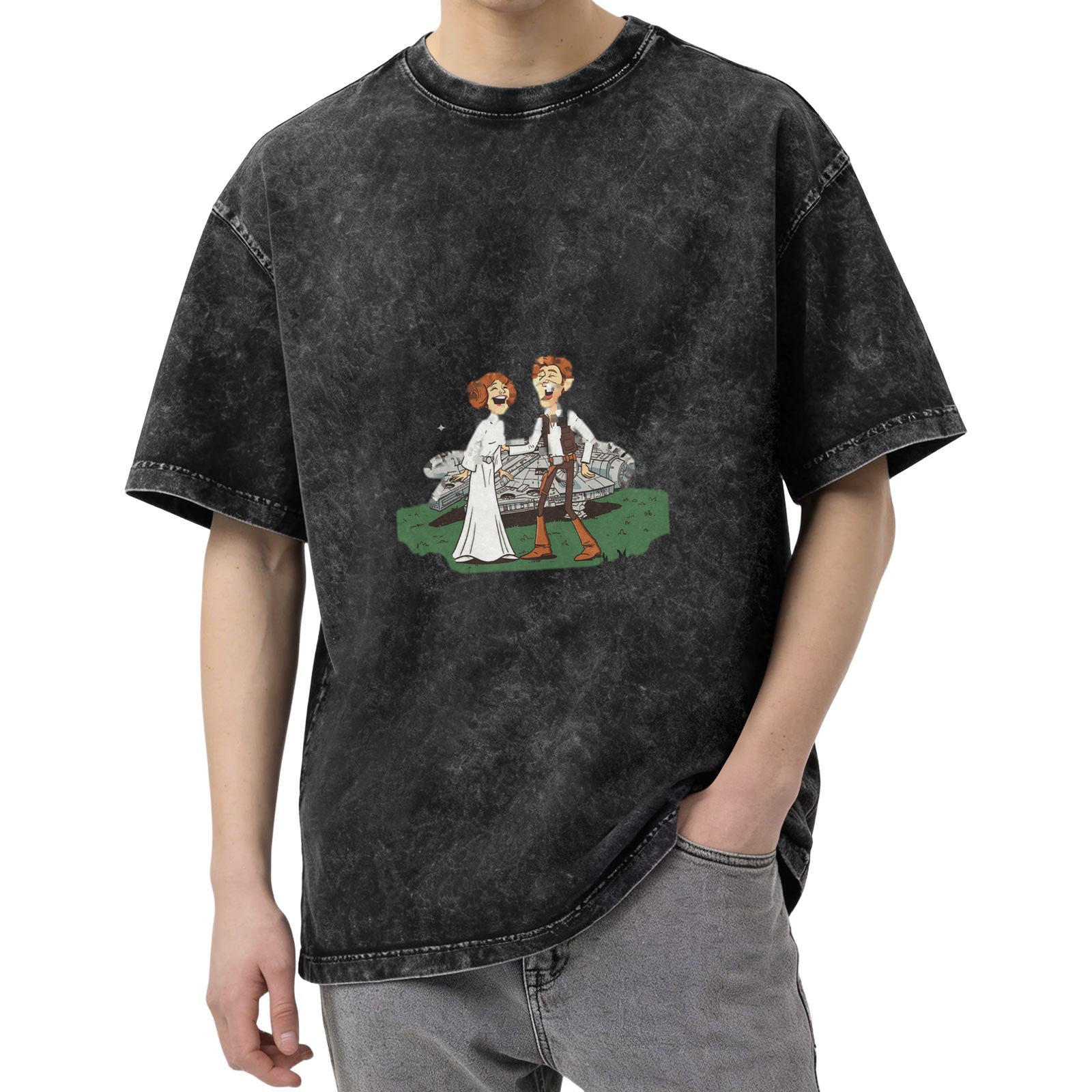 Washed black t-shirt with laughing Star Wars characters and Millennium Falcon print