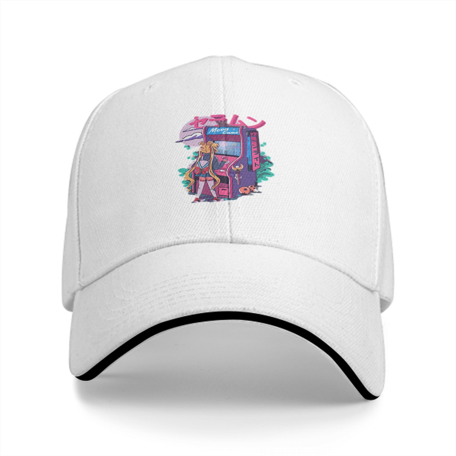 Black Baseball Cap With Anime Arcade Game Graphic