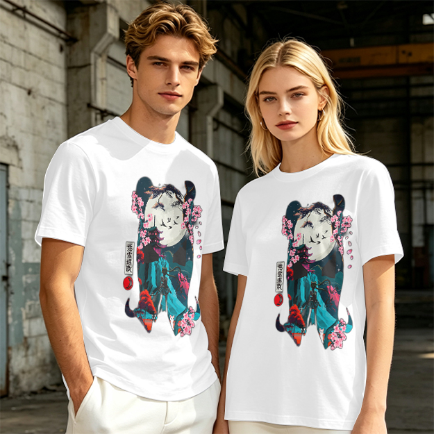 Olive T-shirt with Japanese-inspired moon and cherry blossom graphic