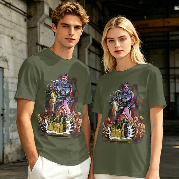 Olive T-shirt with Robot Villain and Tank Action Graphic