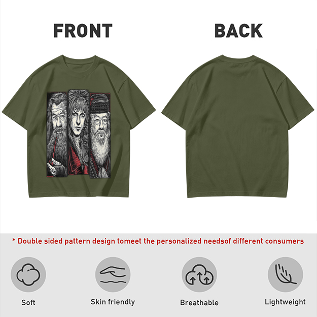 Olive Graphic Tee With Fantasy Wizard and Sorcerer Portraits