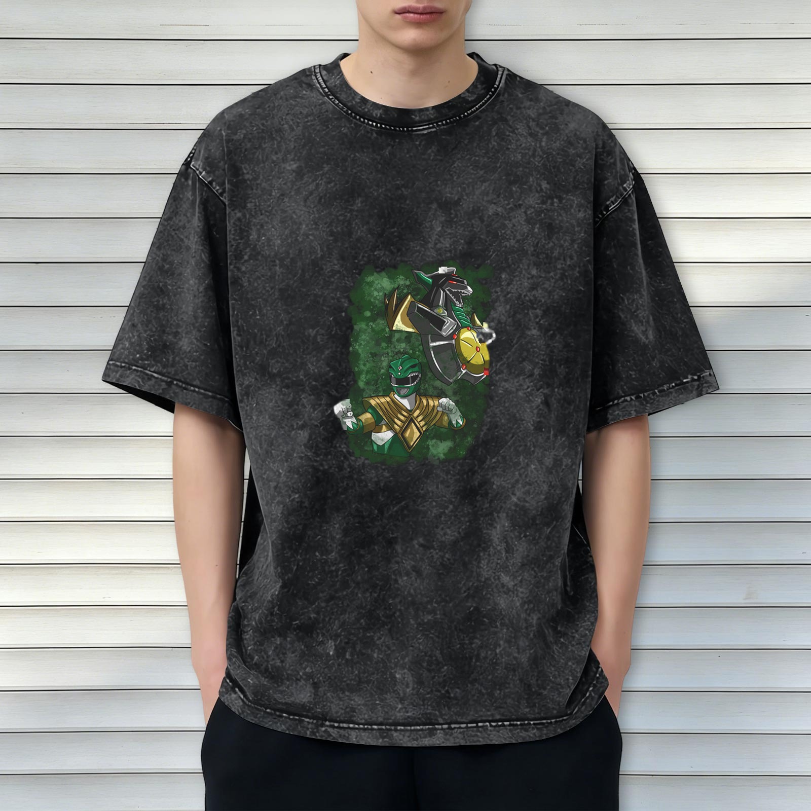 Oversized Stonewashed T-Shirt with Green Ranger Dragonzord Graphic