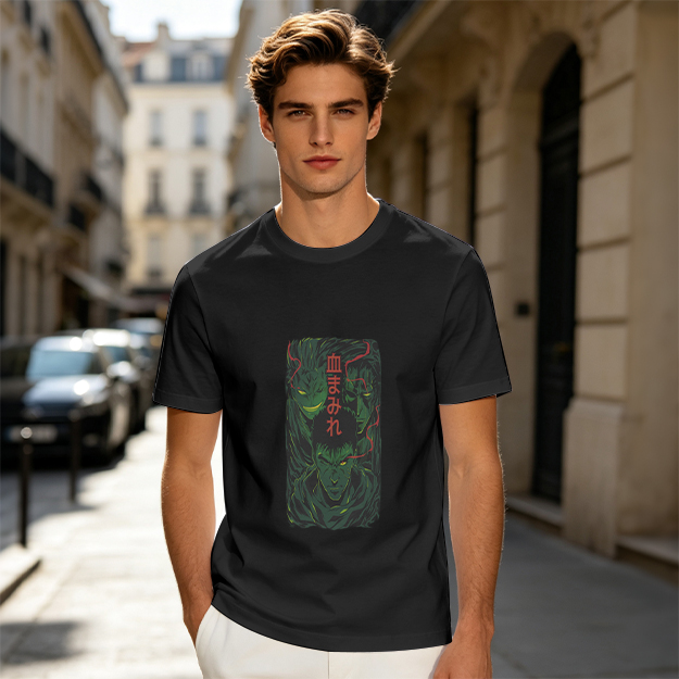 Olive anime graphic t-shirt with three dark fantasy characters