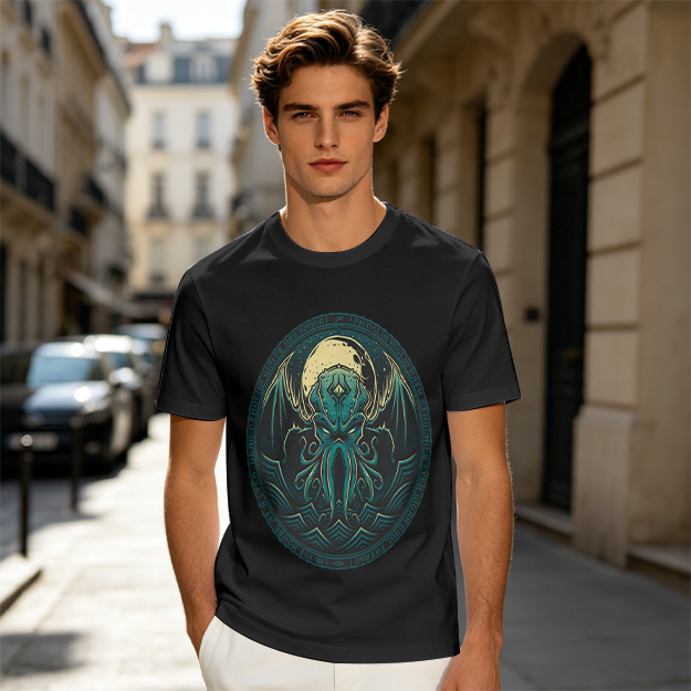 Olive Green T-Shirt with Cthulhu Monster Graphic Print
