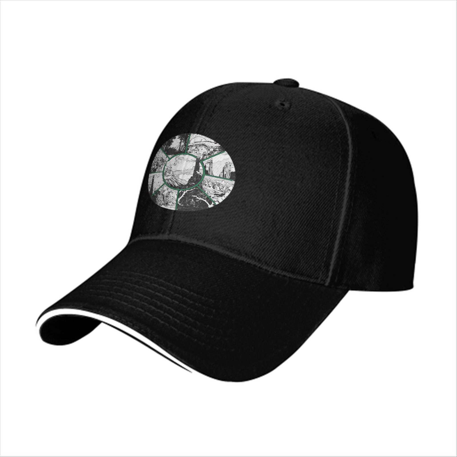 Black Baseball Cap With Circular Nature Landscape Graphic