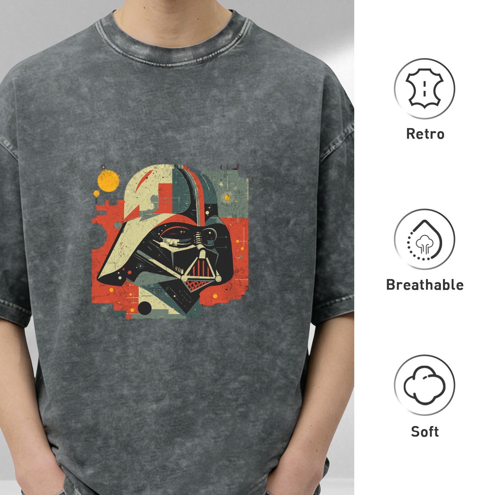 Washed Black T-Shirt with Retro Darth Vader Graphic