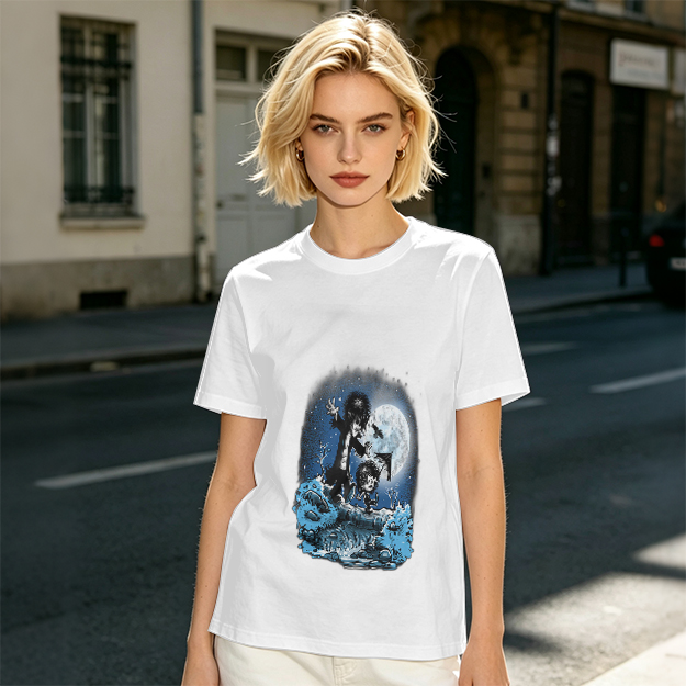 Olive T-Shirt With Gothic Moonlit Water Creature Graphic Print